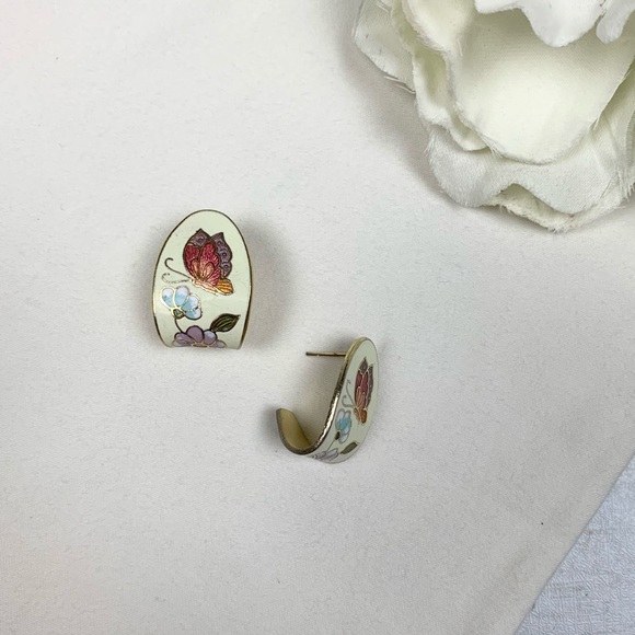 Vintage Asian Cloisonne Butterfly Flower Earrings - Picture 2 of 9